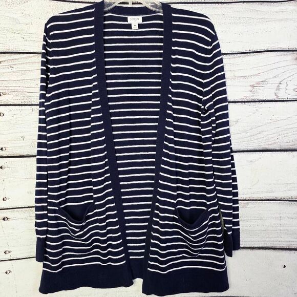 J.Crew Navy White Striped Open Front Cardigan M - Picture 1 of 7